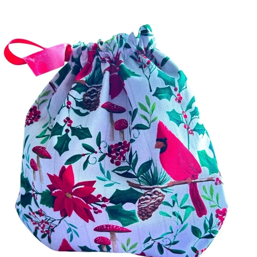 Hand Crafted Red Cardinals Holiday Festive Reusable Fabric Gift Bag